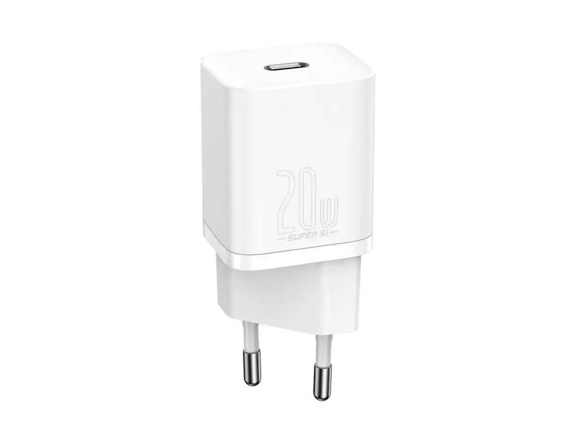 Carregador rápido Baseus 20W branco para iPhone com tecnologia Power Delivery.